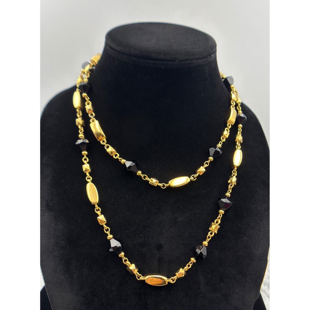 Vintage St John Gold Tone 40" Black Faceted Bead Station Necklace